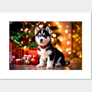 Husky Puppy Dog with Christmas Gifts Posters and Art